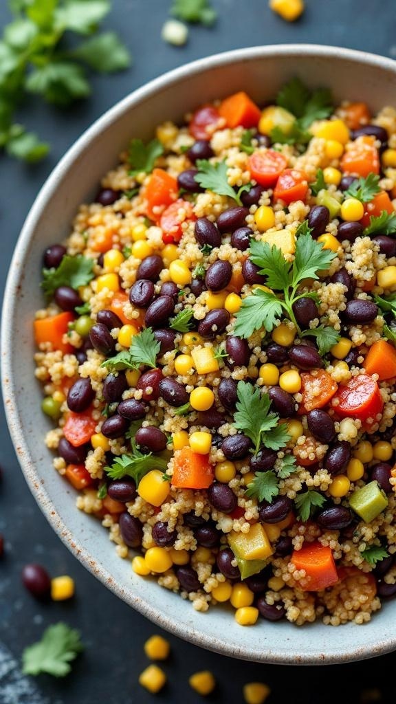 A bowl of quinoa salad with black beans, corn, and colorful vegetables garnished with cilantro.