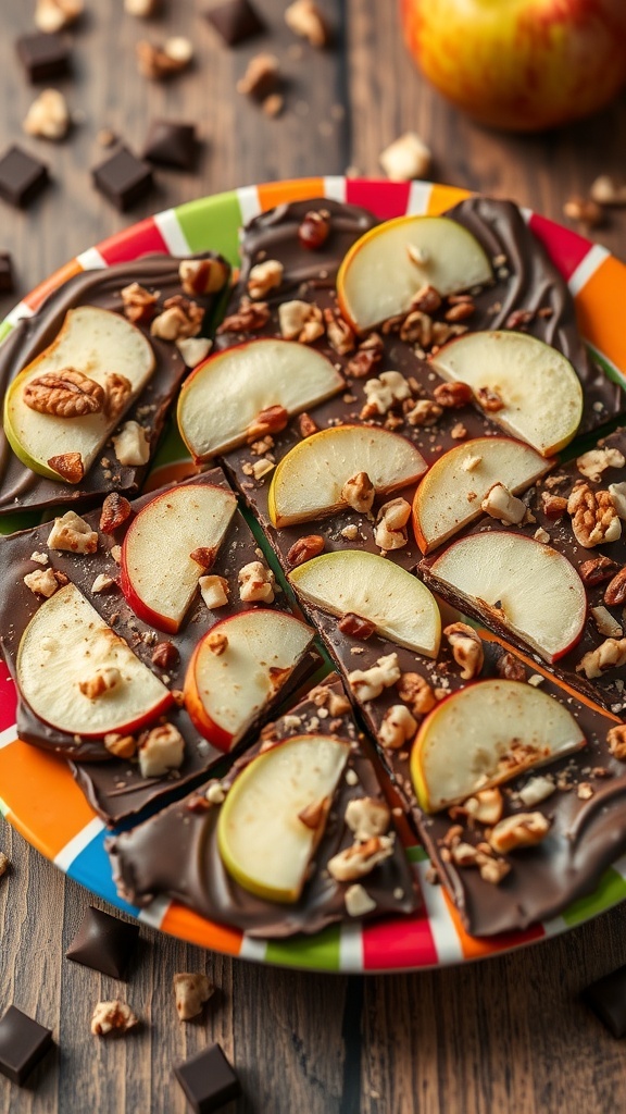 A colorful plate of apple and chocolate bark topped with nuts.