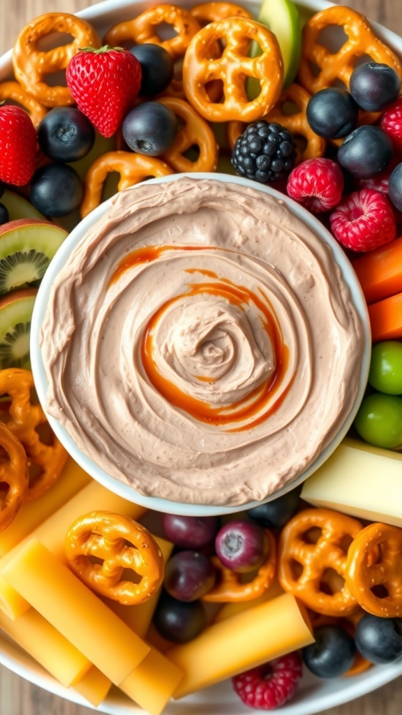 A bowl of chocolate cream cheese dip surrounded by fresh fruits and pretzels