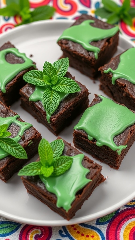 A plate of chocolate mint brownies topped with green icing and fresh mint leaves.