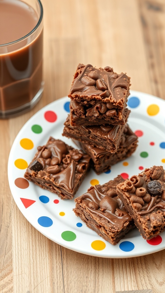 A plate of chocolate rice krispie treats stacked on a colorful plate, with a glass of chocolate milk beside it.