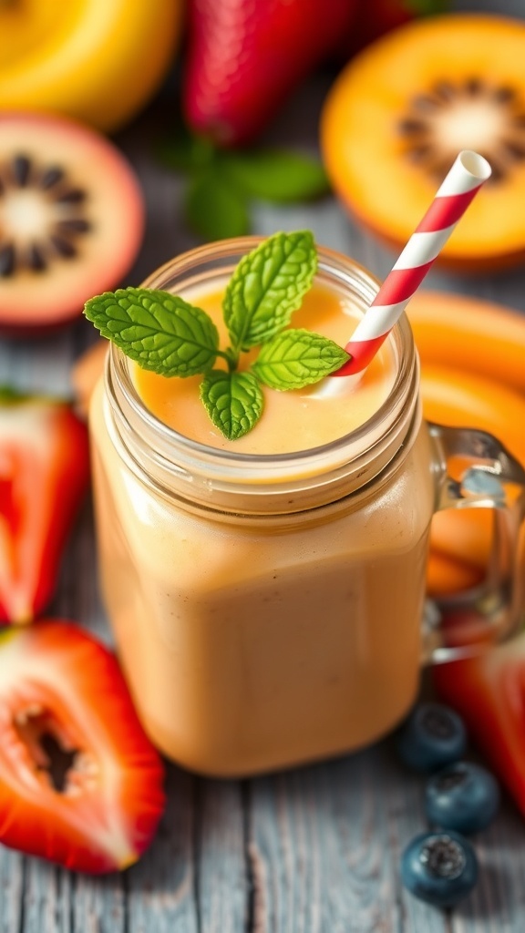 A refreshing fruit smoothie in a jar with strawberries and spinach.