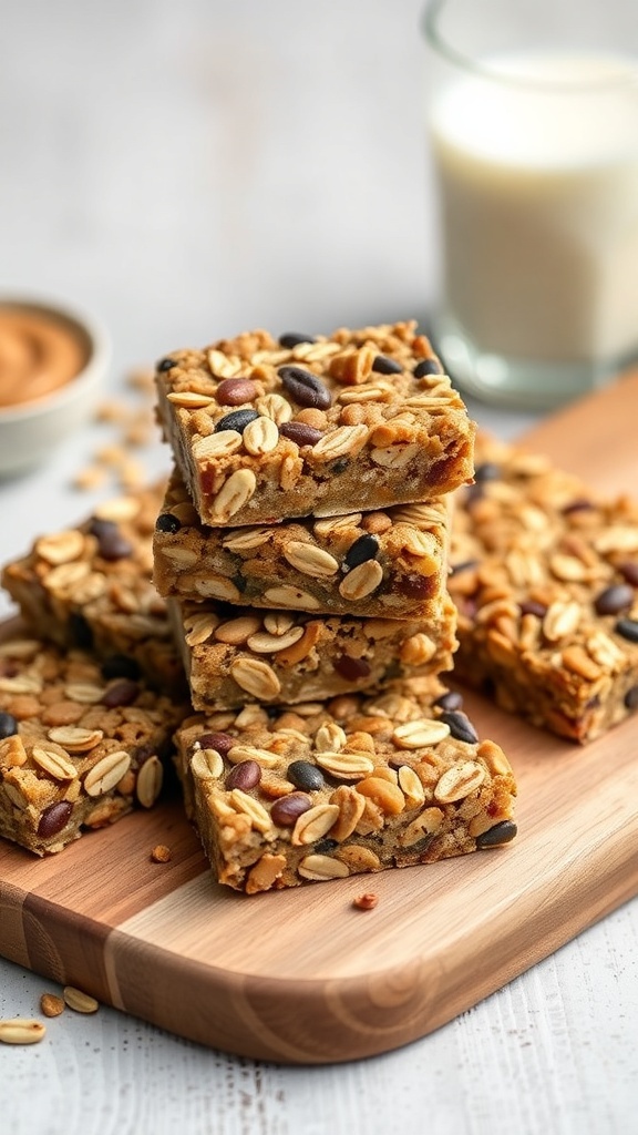 Peanut butter trail mix bars stacked on a wooden board with a glass of milk in the background.