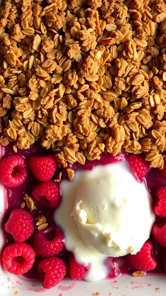 A delicious raspberry crisp dessert with a crunchy topping and a scoop of ice cream.