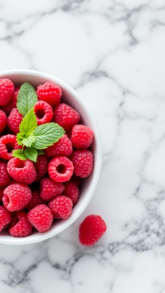 A bowl of fresh raspberries with a mint leaf on a marble surface.