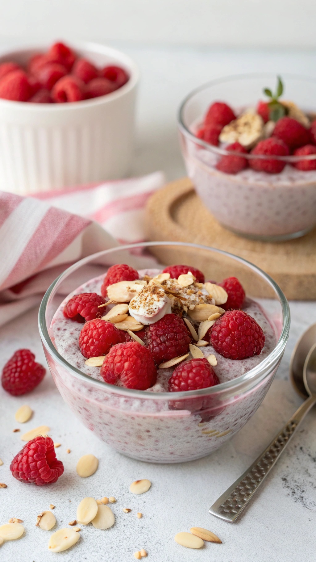 A bowl of raspberry almond chia pudding topped with fresh raspberries and sliced almonds.