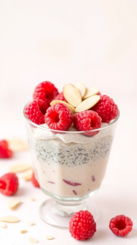 A glass of raspberry almond chia seed pudding topped with fresh raspberries and sliced almonds.