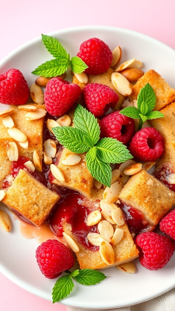 A delicious serving of Raspberry Almond High-Protein Bread Pudding topped with fresh raspberries, sliced almonds, and mint leaves.