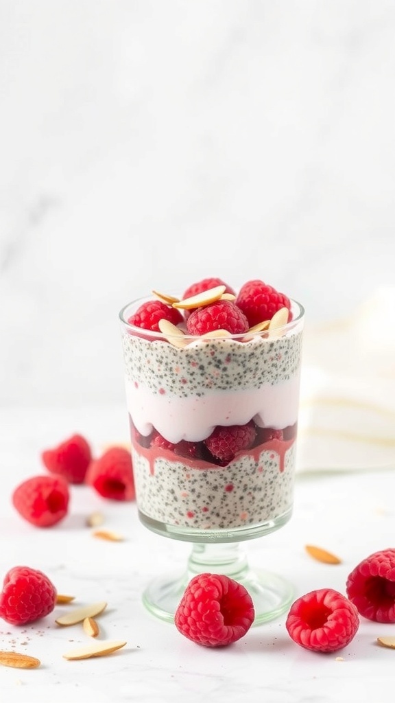 A glass of raspberry almond chia seed pudding topped with fresh raspberries and sliced almonds.