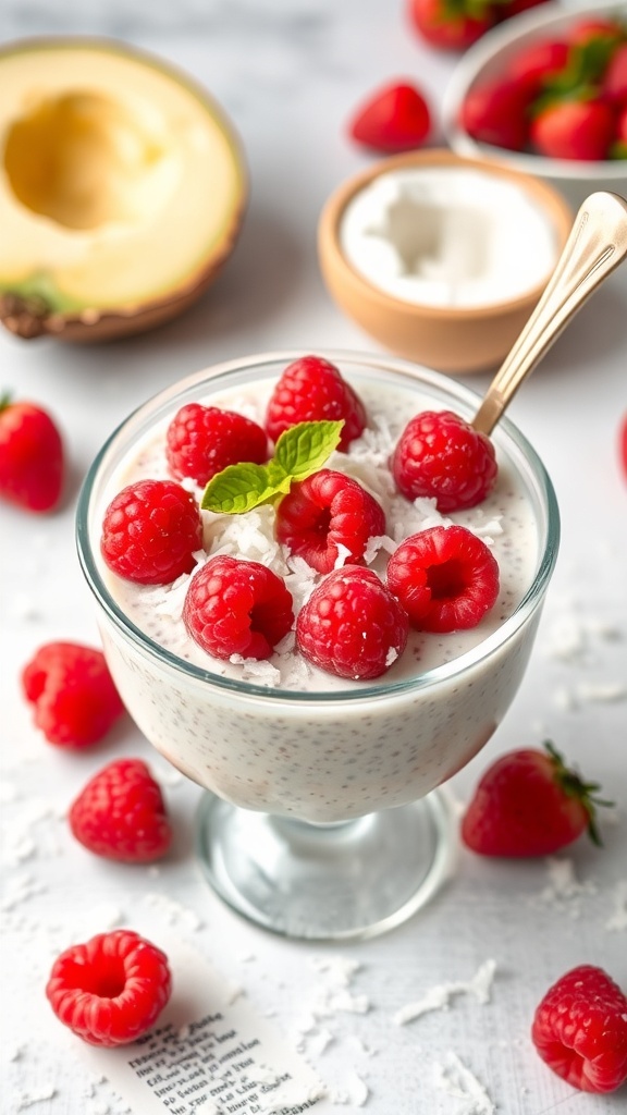 A glass of raspberry coconut chia pudding topped with fresh raspberries and coconut flakes, surrounded by more raspberries and coconut.