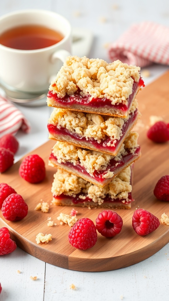 Delicious raspberry crumble bars stacked on a wooden board with fresh raspberries and a cup of tea.