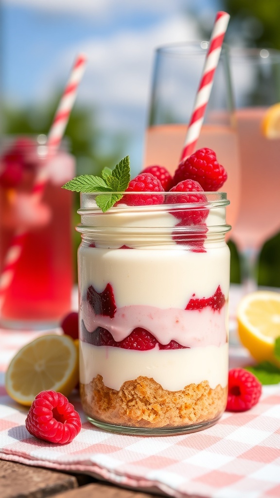 Raspberry Lemonade Cheesecake Jars with fresh raspberries and mint
