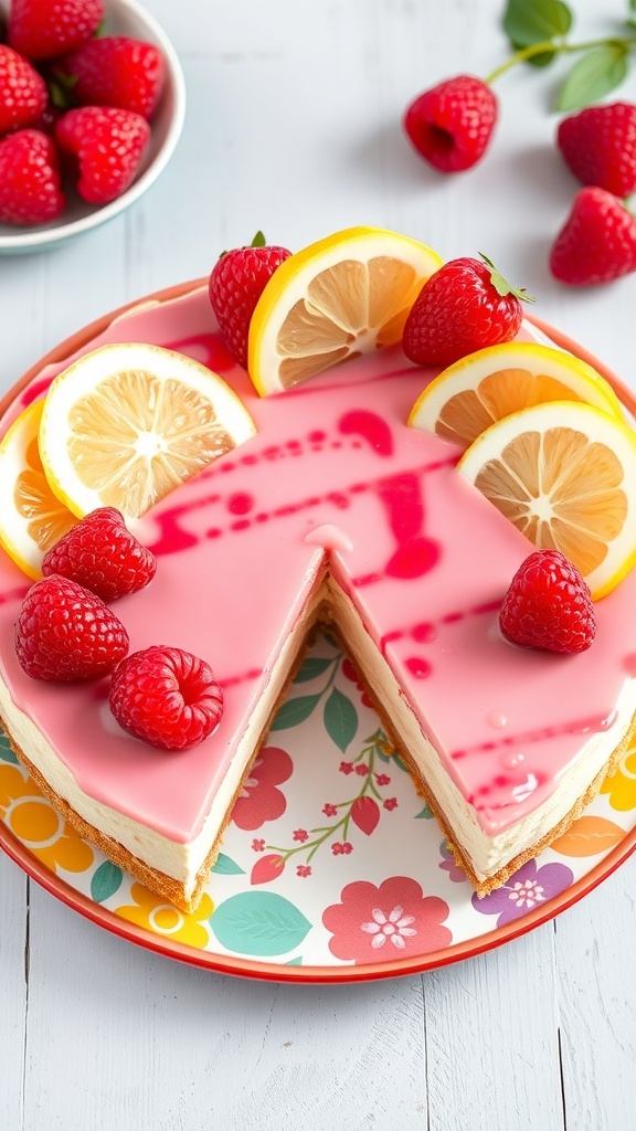 A colorful Raspberry Lemonade Keto Cheesecake topped with fresh raspberries and lemon slices on a floral plate.