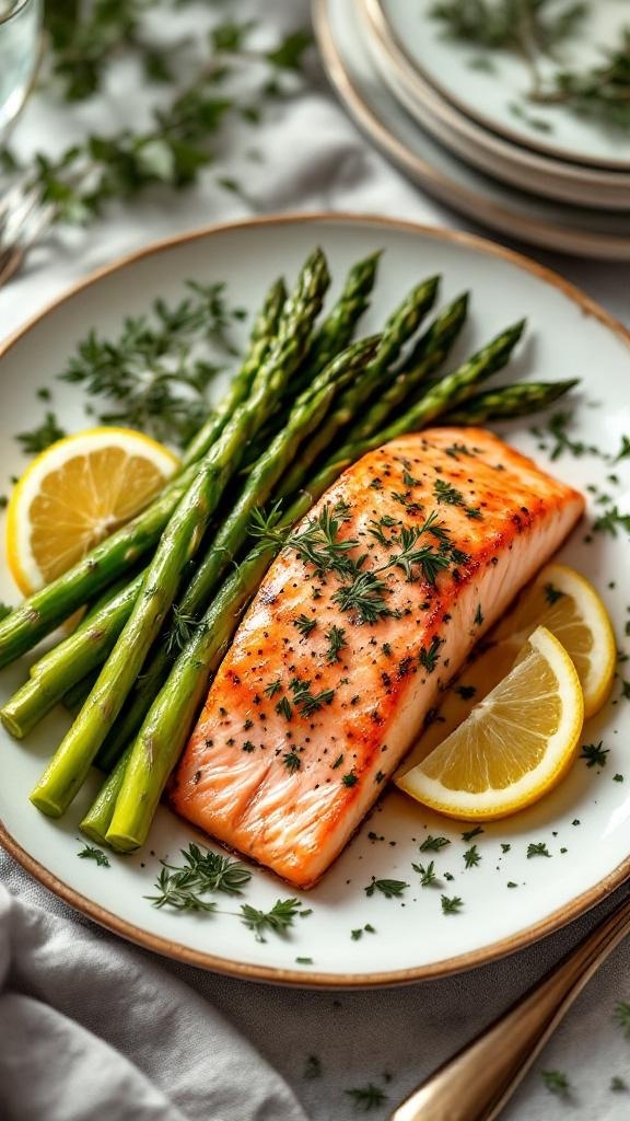 Baked salmon fillet with asparagus and lemon slices on a plate