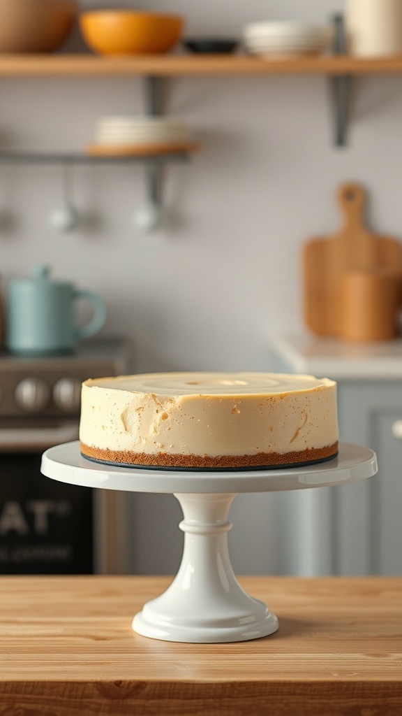 A classic New York cheesecake on a white pedestal in a cozy kitchen setting.