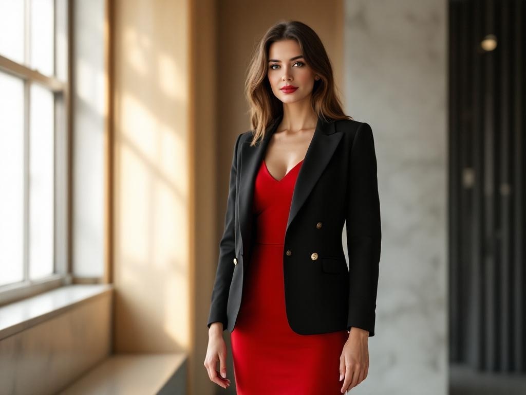 A woman wearing a red dress and a tailored black blazer, standing confidently in a modern office setting.