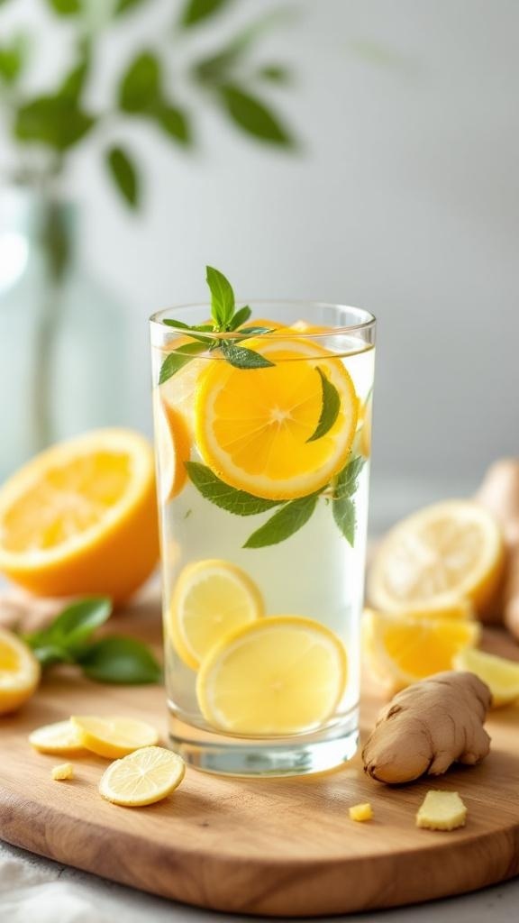 A refreshing citrus and ginger detox drink with lemon slices and ginger on a wooden board.