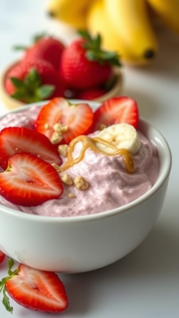 A bowl of strawberry banana nice cream topped with fresh strawberries and banana slices, with bananas in the background.