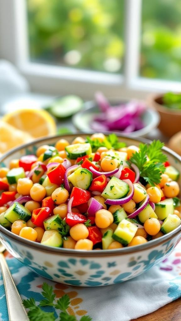 A colorful Mediterranean Chickpea Salad with cucumbers, red bell peppers, and chickpeas in a bowl.