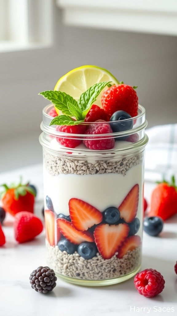 A jar of berry chia seed pudding with layers of chia seeds, yogurt, and fresh berries, topped with a slice of lemon and mint.