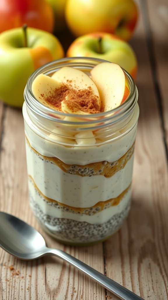 A jar of apple and cinnamon chia pudding topped with apple slices and cinnamon, with fresh apples in the background.