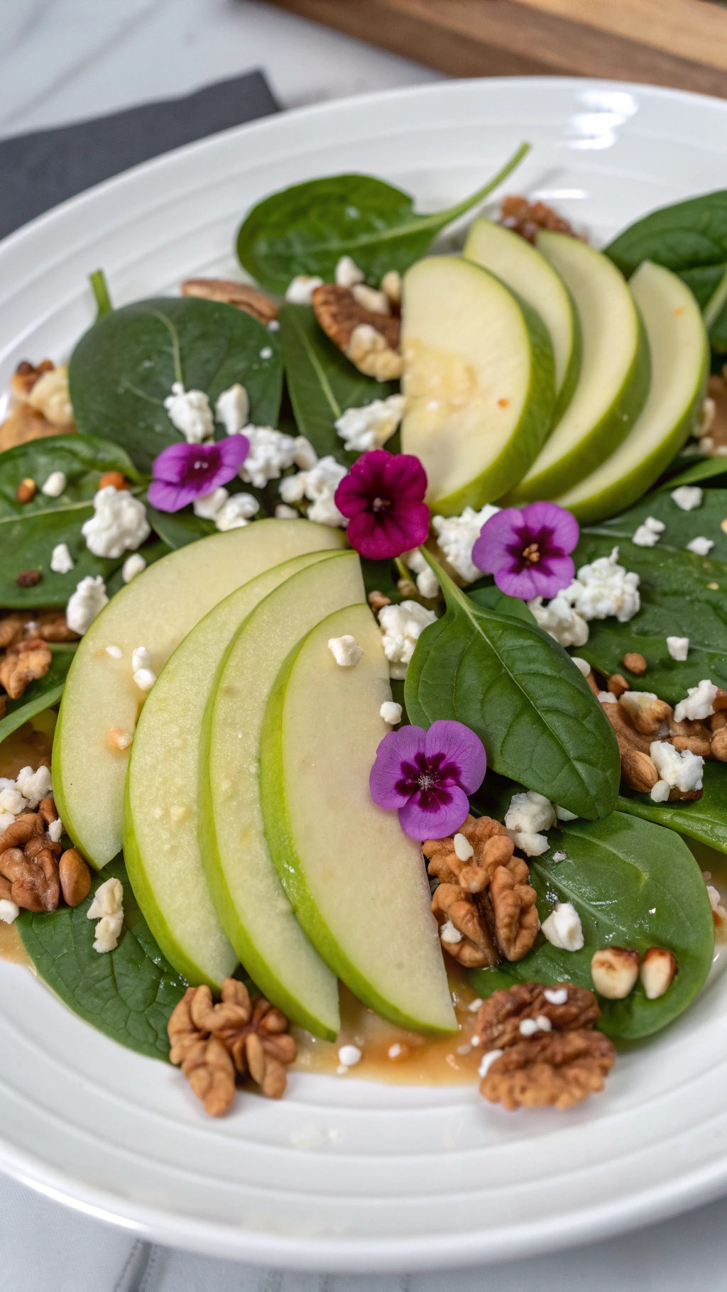A colorful salad featuring spinach, green apple slices, walnuts, feta cheese, and edible flowers.