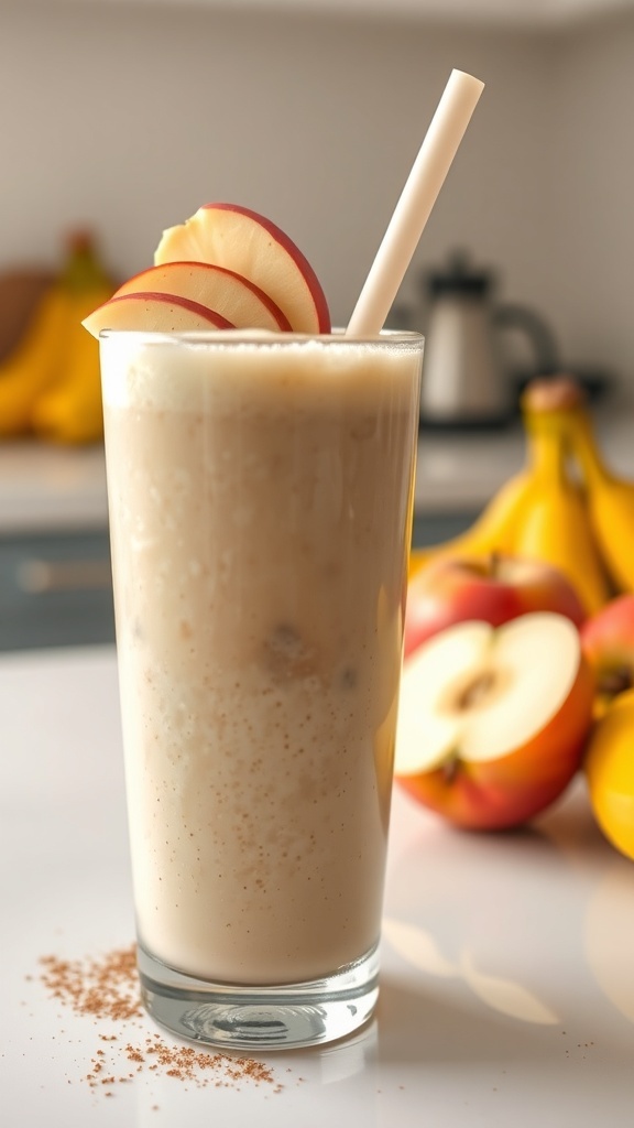 A refreshing apple banana smoothie in a glass with apple slices on top, surrounded by fresh apples and bananas.