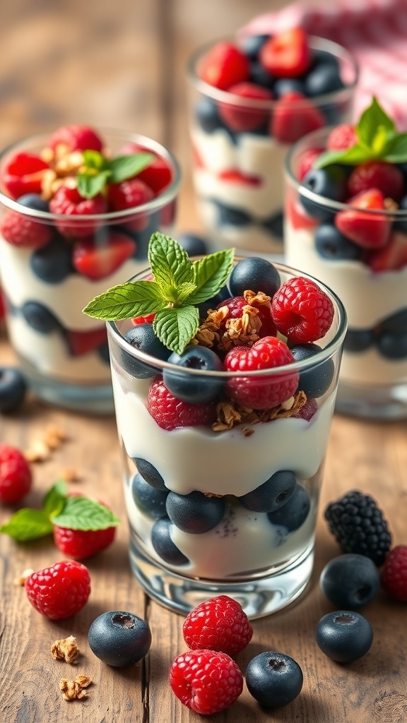 Berry Bliss Cups with yogurt, blueberries, raspberries, and granola in clear cups