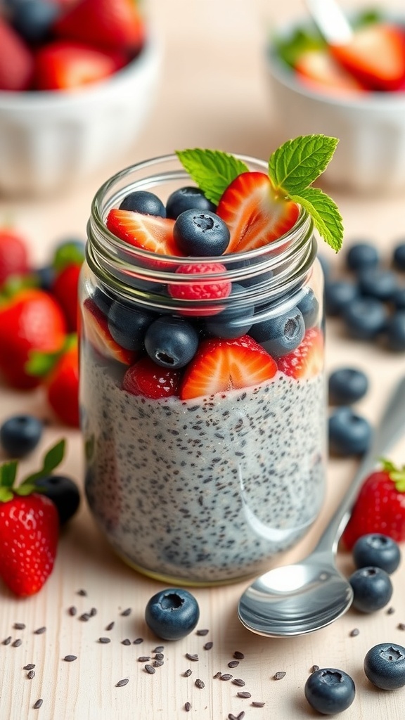 A jar of berry chia seed pudding topped with fresh strawberries and blueberries, surrounded by more berries.
