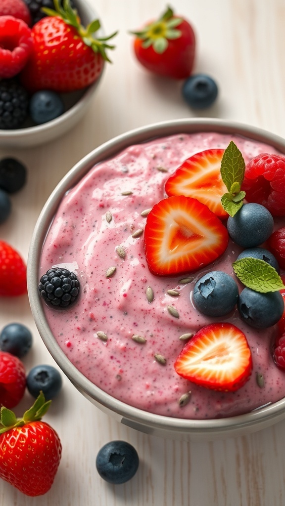 A bowl of berry chia seed pudding topped with fresh strawberries, blueberries, and raspberries.