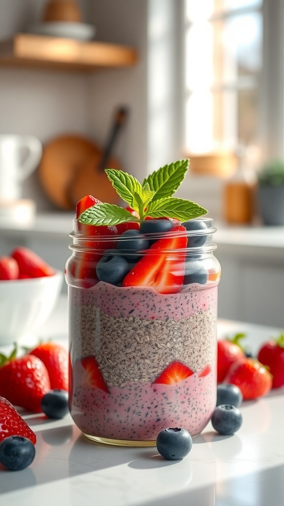 A jar of berry chia seed pudding topped with strawberries and blueberries, with fresh mint leaves.