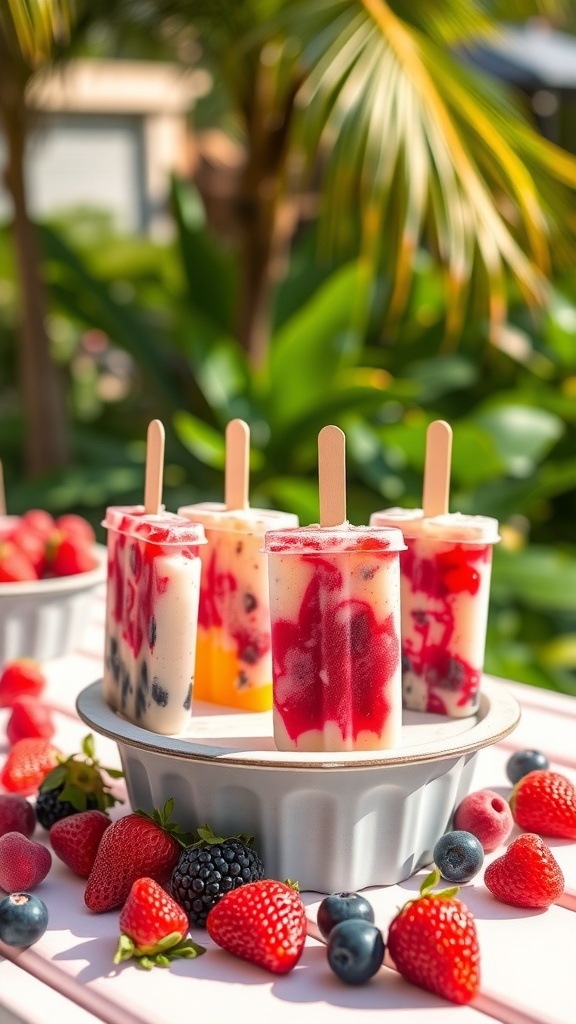 Colorful berry coconut popsicles on a wooden table surrounded by fresh strawberries and blueberries