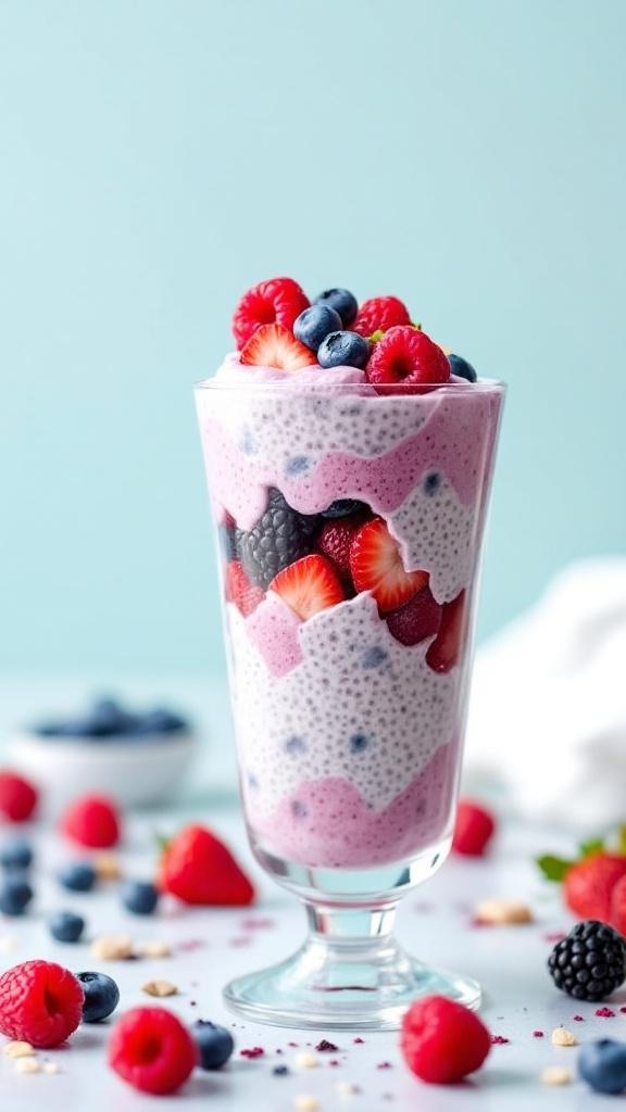 A glass of berry medley chia pudding with layers of chia seeds and fresh berries.