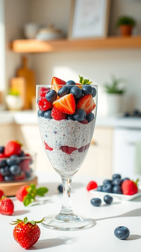 A glass of chia seed pudding layered with strawberries and blueberries, garnished with mint leaves.