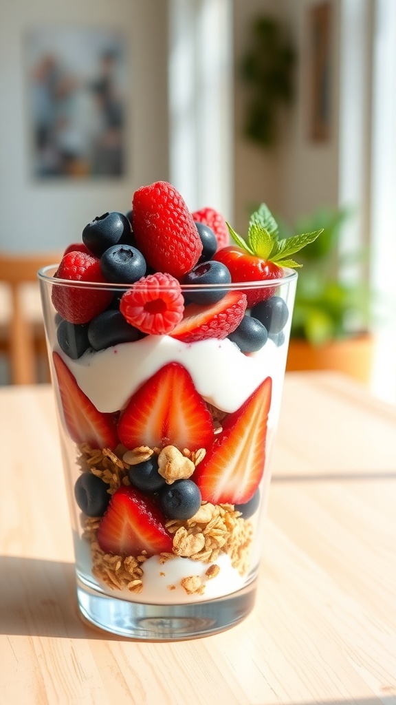 A colorful berry parfait with layers of yogurt, granola, and fresh berries in a glass.