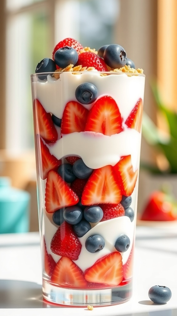 A refreshing berry parfait with layers of strawberries, blueberries, and yogurt topped with granola.