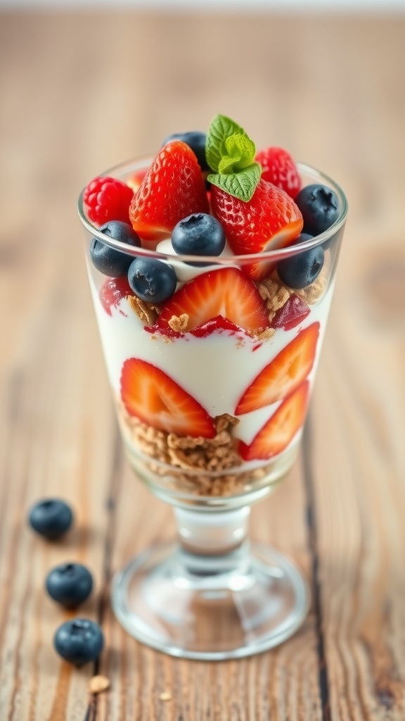 A refreshing berry parfait with layers of yogurt, granola, and fresh berries in a glass.