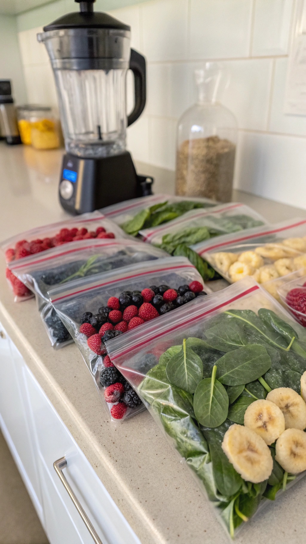 Berry smoothie packs with spinach, raspberries, blueberries, and banana ready for blending.