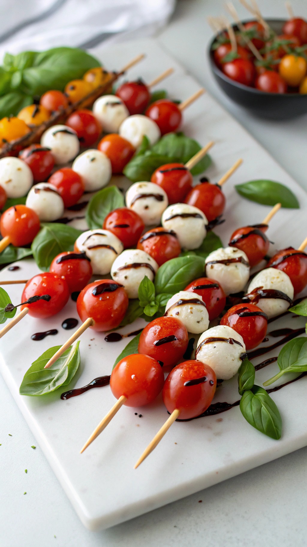 Caprese skewers with cherry tomatoes, mozzarella balls, and basil drizzled with balsamic glaze on a serving platter.