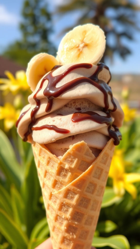 A cone filled with chocolate banana nice cream, topped with banana slices and chocolate drizzle, with yellow flowers in the background.