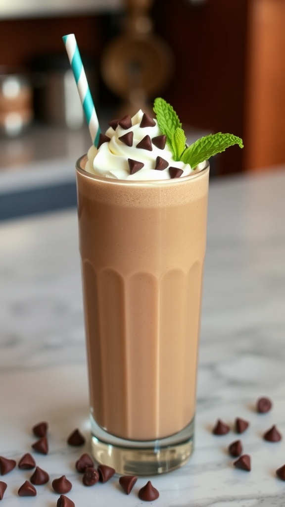 A tall glass of chocolate mint smoothie topped with whipped cream, chocolate chips, and a mint leaf, surrounded by chocolate chips on the table.