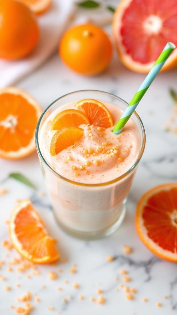 A refreshing glass of citrus chia pudding topped with orange slices, surrounded by fresh oranges and grapefruit.