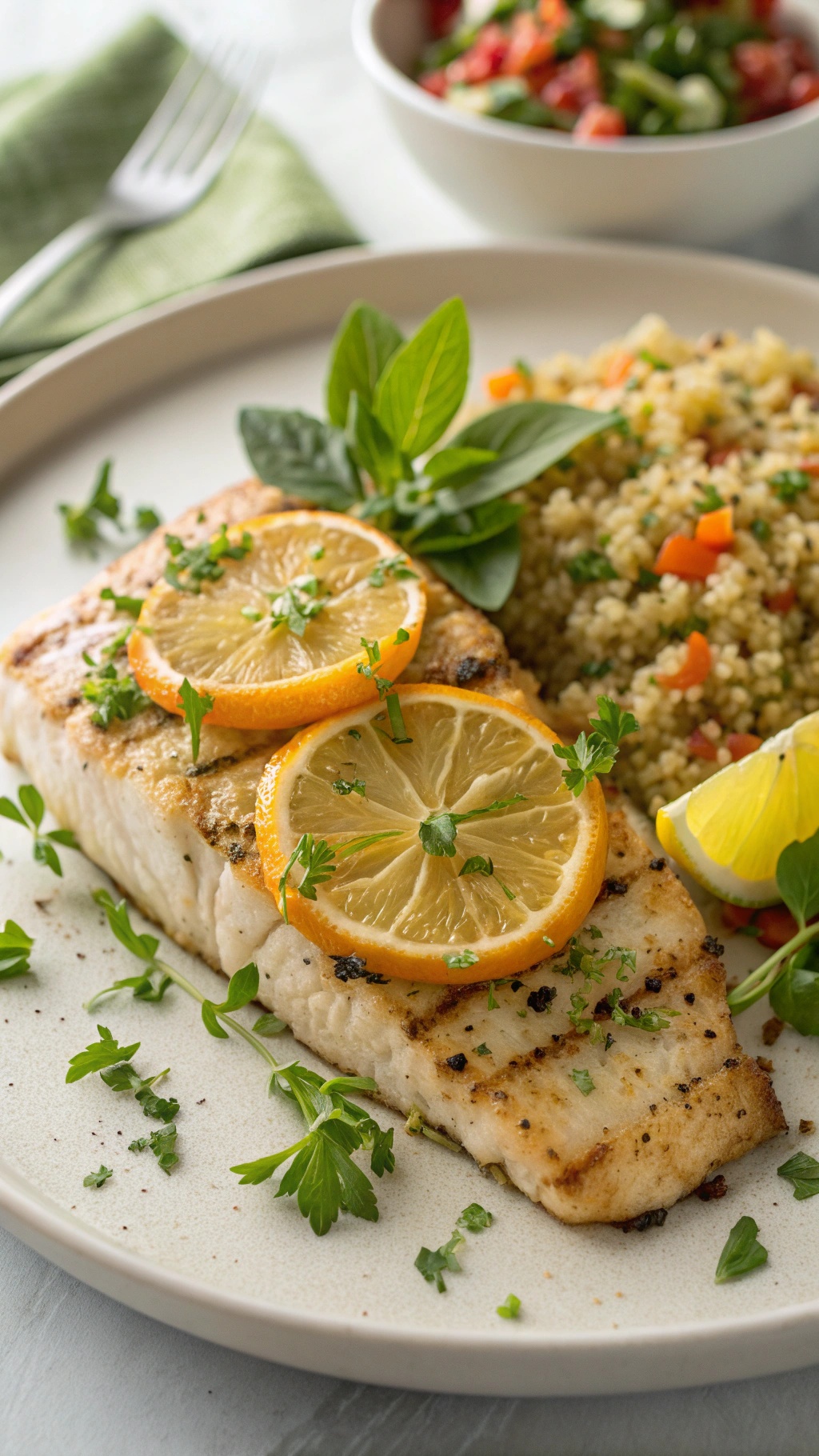 Grilled mahi mahi with lemon slices served with quinoa and vegetables