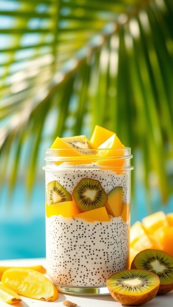 A jar of coconut chia pudding topped with mango and kiwi, surrounded by tropical leaves.