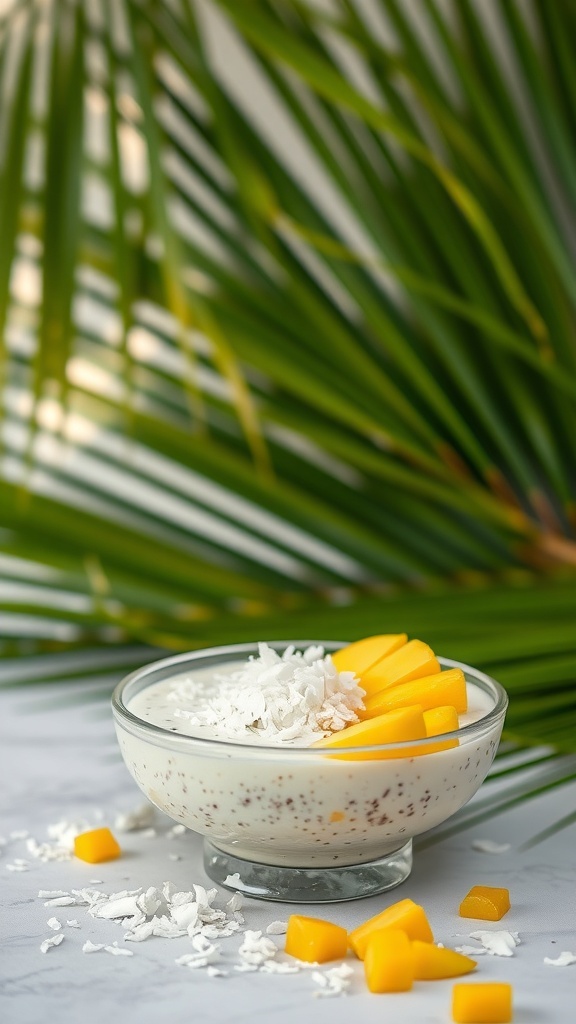 A bowl of coconut chia pudding topped with mango slices and shredded coconut, with palm leaves in the background.