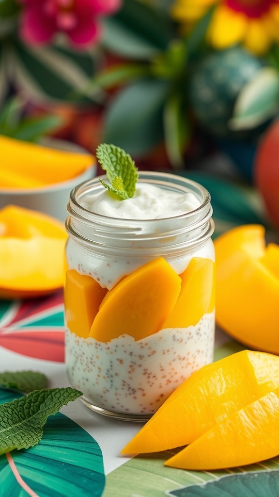 A jar of coconut chia pudding topped with mango slices and mint leaves, surrounded by mango slices and colorful leaves.