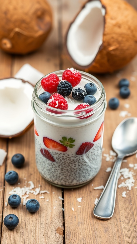 A jar of coconut chia pudding topped with fresh berries, with coconut halves in the background.