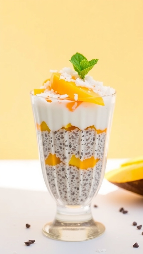 A glass of coconut chia seed pudding layered with mango and topped with coconut flakes and mint.