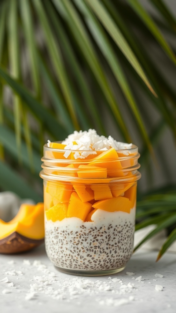A jar of coconut chia seed pudding topped with diced mango and shredded coconut, set against a green leafy background.