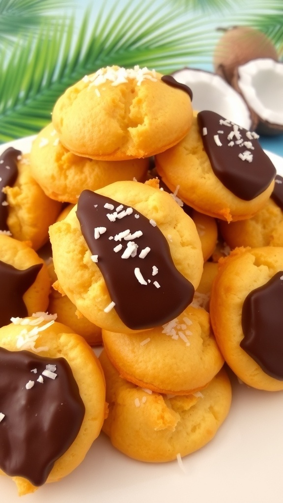 A plate of coconut macaroons topped with chocolate and shredded coconut, surrounded by coconuts and palm leaves.